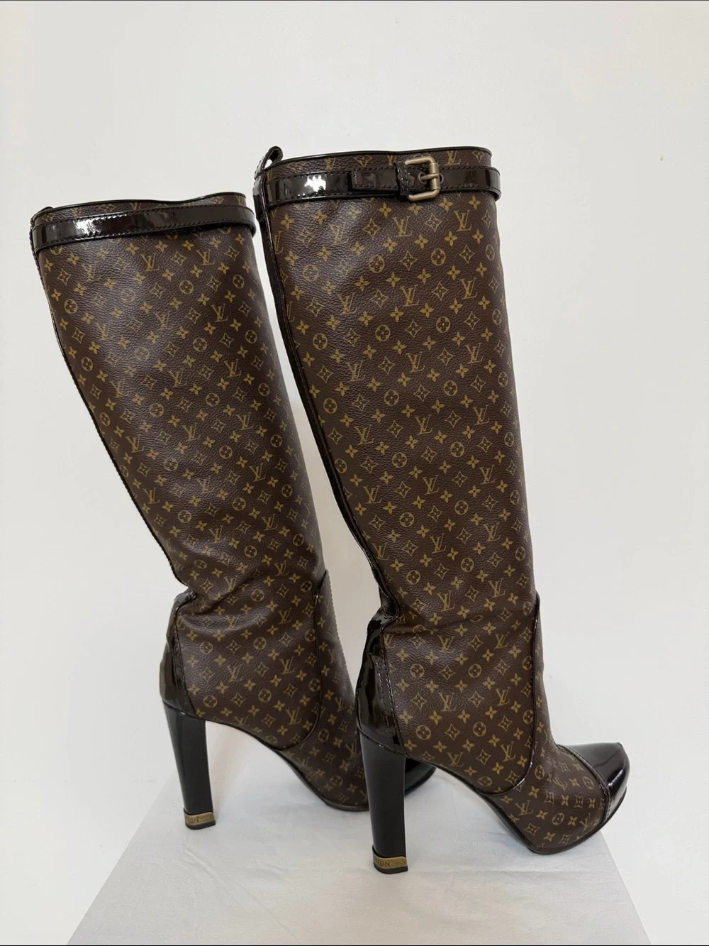 Louis Vuitton Brown Monogram Over-the-Knee Boots with Black Patent Trim
